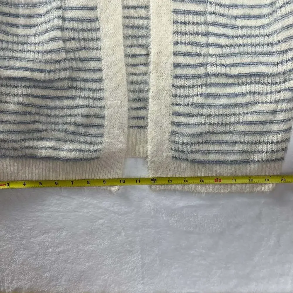 Mia & Tess Cream Blue Striped Fuzzy Open Front‎ Long Cardigan Sweater M/L